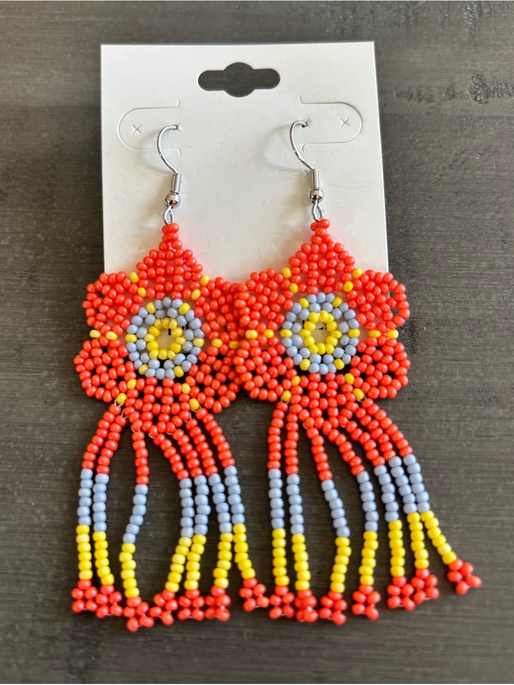 Vibrant Handmade Beaded Flower Fringe Earrings in Orange, Yellow & Light Purple